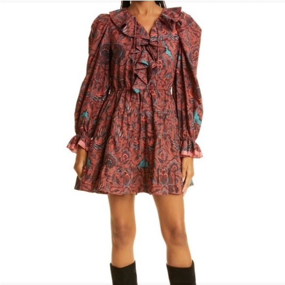 ULLA JOHNSON Caris Long Sleeve Ruffle Dress In Red Oversized Fit - Picture 1 of 15